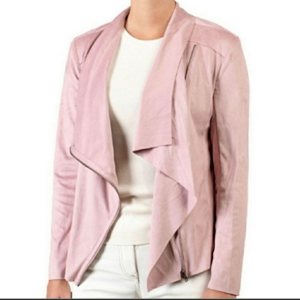 Pink Faux Suede Moto Jacket Sz XXL Drape Collar Lightweight Full Zip Stretch NEW